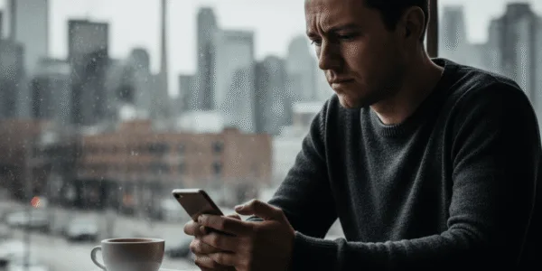 Person looking concerned while checking phone at table with Toronto skyline visible through window
