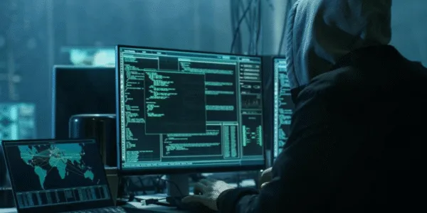 Hooded man in front of computer