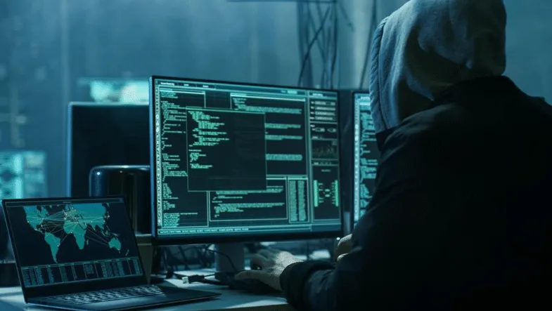 Hooded man in front of computer