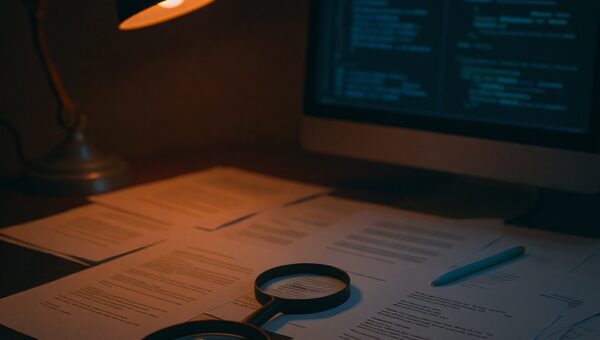 Documents and files spread on dark desk, magnifying glass, computer screen glow, subdued orange banker's lamp