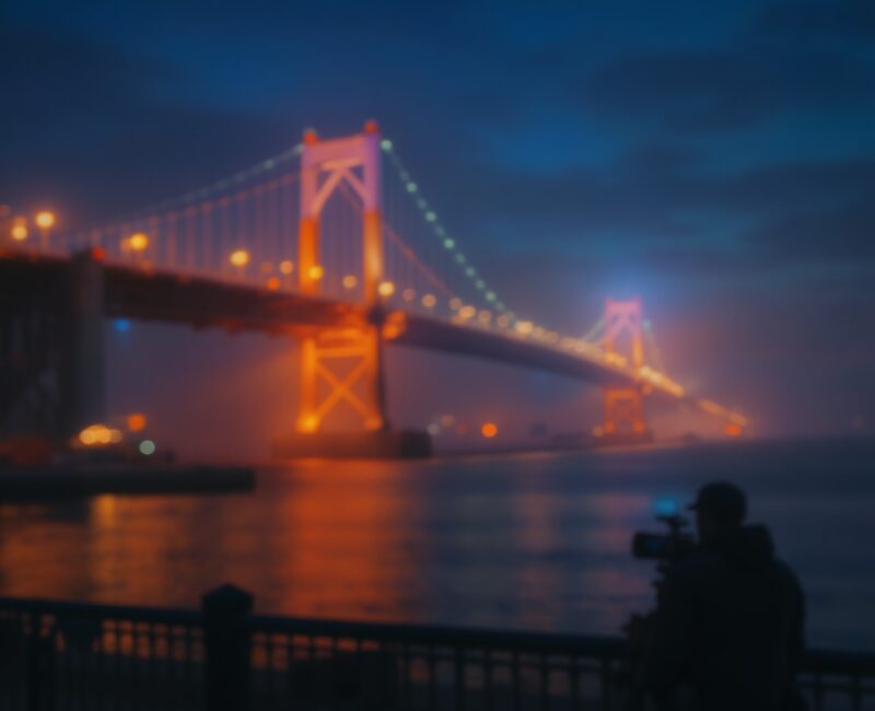 Blurred Ambassador Bridge lights at dusk from Windsor riverfront, out-of-focus international border crossing traffic, border patrol lights bokeh in background, silhouette of investigator with camera on tripod in foreground right, dramatic blue-orange color grading, atmospheric fog over Detroit River, moody professional aesthetic