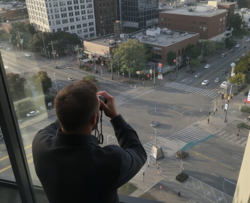High angle shot from office building overlooking downtown Windsor intersection, investigator with binoculars visible in foreground, multiple streets converging below, afternoon lighting showing urban surveillance vantage point, cars and pedestrians visible, professional stake-out perspective,