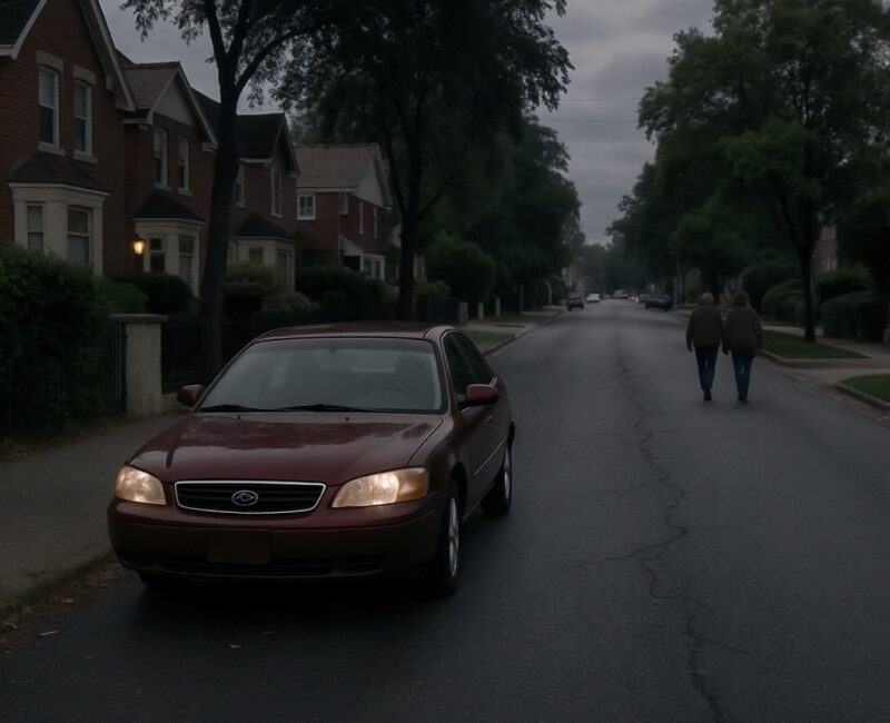 Car parked on a Windsor residential street on overcast early evening, and a couple walking on the other side of the street.