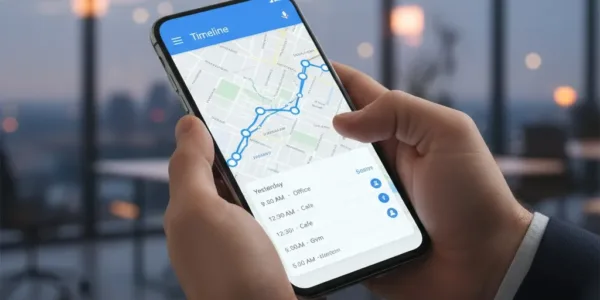 Close-up of hands holding smartphone displaying location history timeline