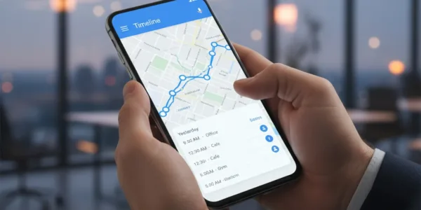 Close-up of hands holding smartphone displaying location history timeline
