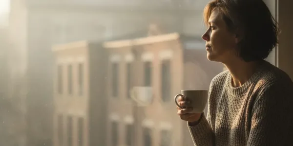 Person looking out window thoughtfully, coffee cup in hand.