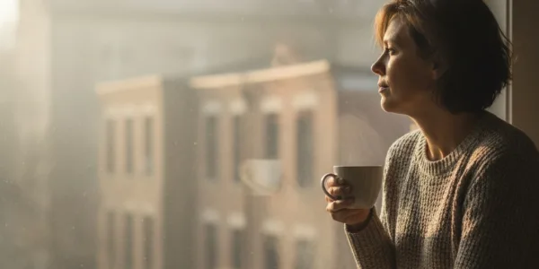 Person looking out window thoughtfully, coffee cup in hand.