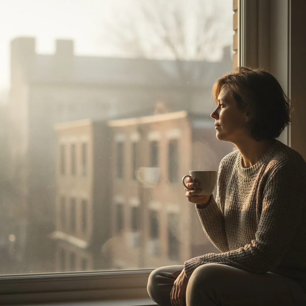 Person looking out window thoughtfully, coffee cup in hand.