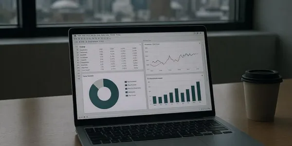 Toronto office environment showing an empty desk with a open laptop displaying financial spreadsheets/charts, a company credit card lying on the desk, some scattered receipts, and a coffee cup
