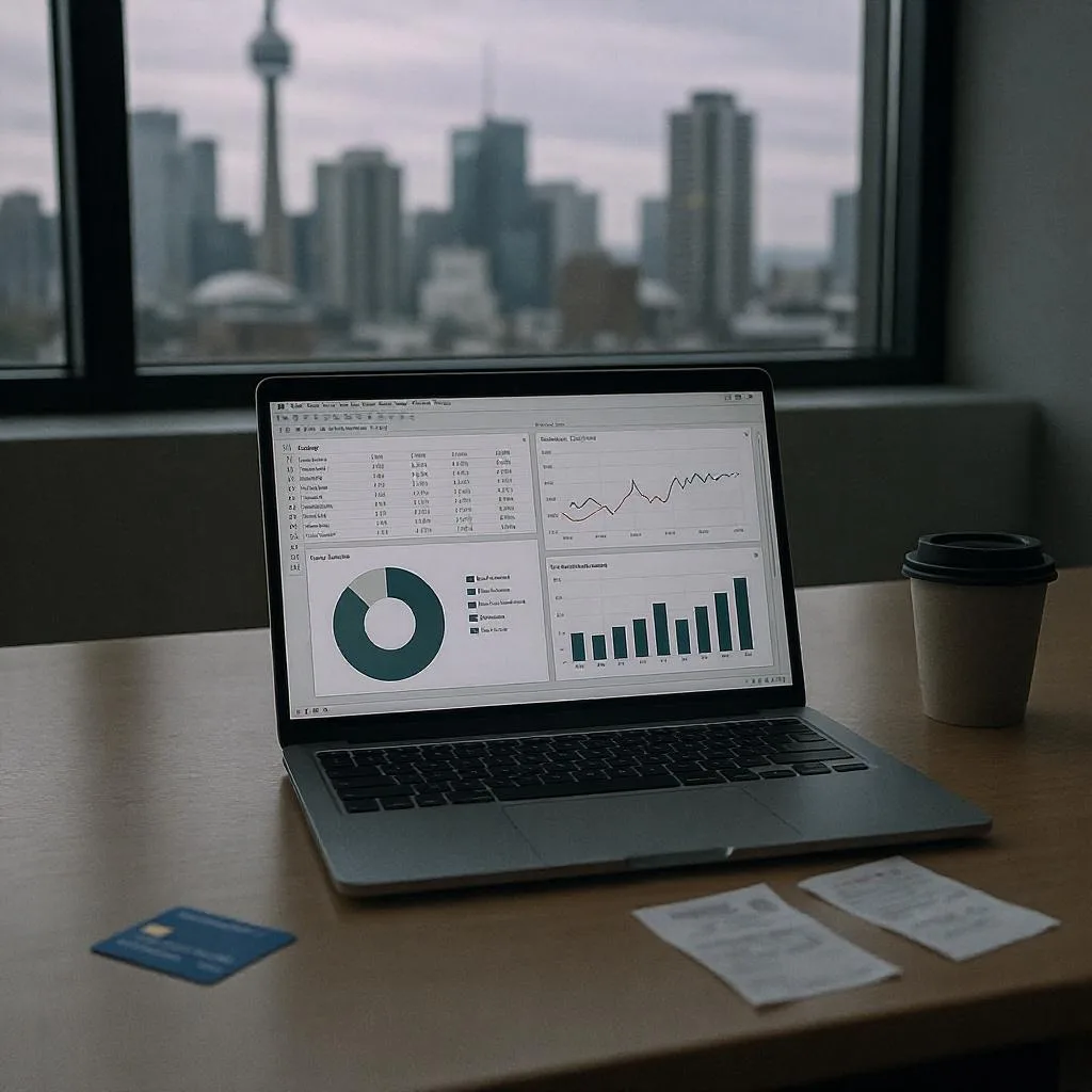 Toronto office environment showing an empty desk with a open laptop displaying financial spreadsheets/charts, a company credit card lying on the desk, some scattered receipts, and a coffee cup