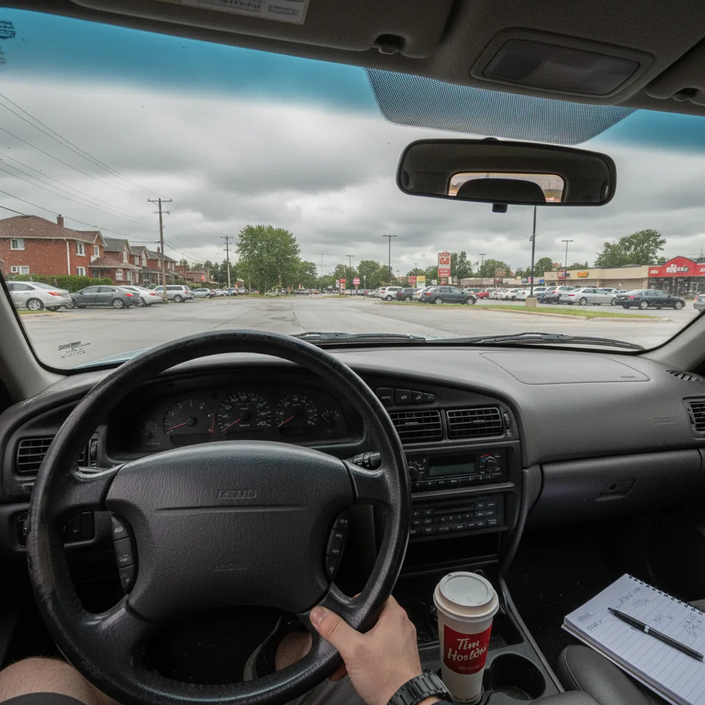 Interior car view looking through windshield at typical GTA suburban street or parking lot.
