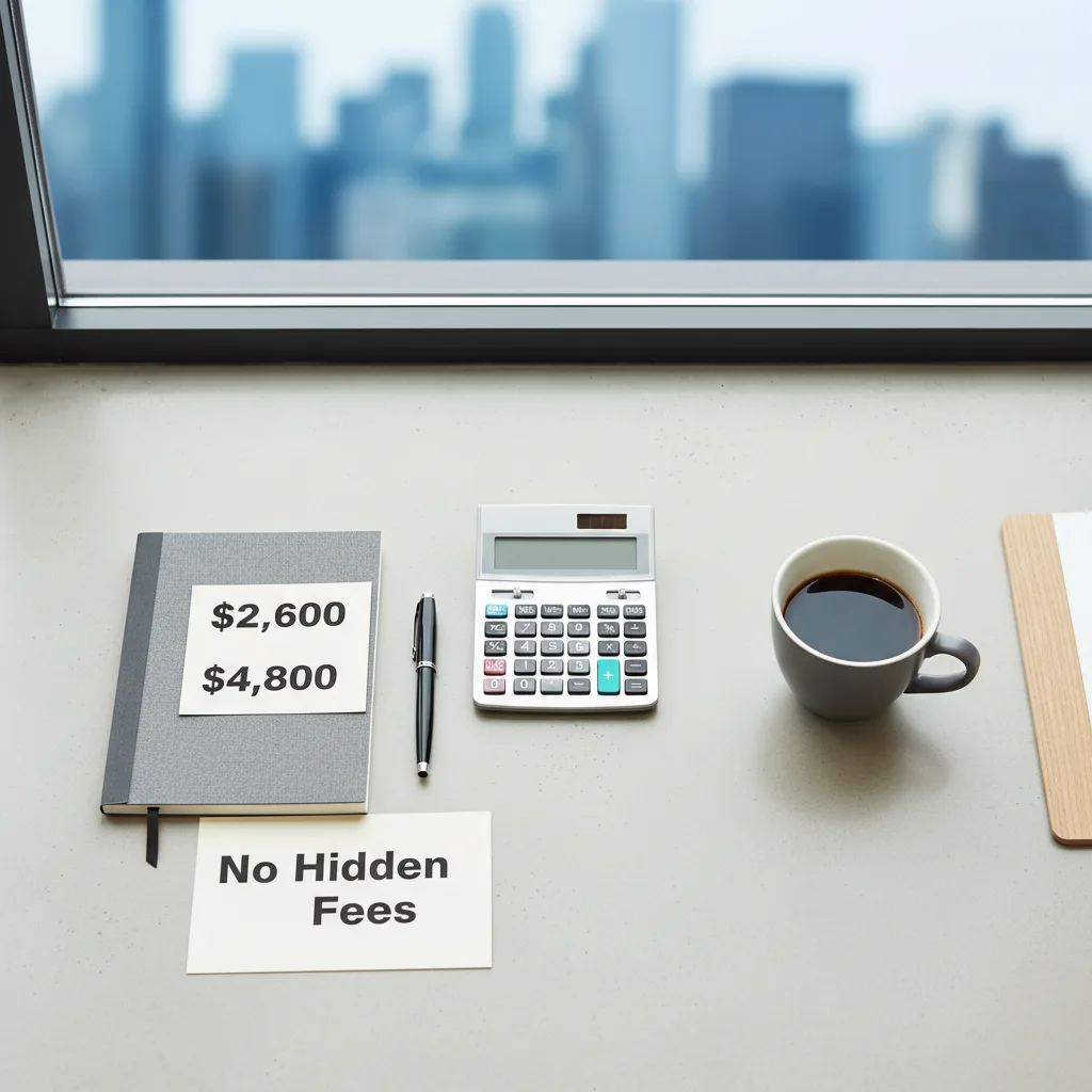 Clean, modern office desk from above (flat lay). Simple calculator, professional notebook with clear pricing written ($2,600, $4,800 visible), quality pen, coffee cup.