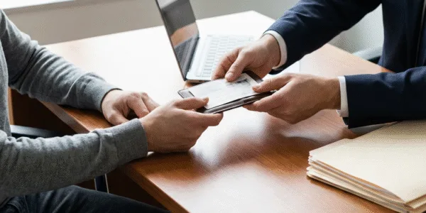 Investigator hands holding license and giving it to client