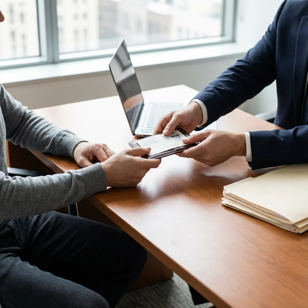 Investigator hands holding license and giving it to client