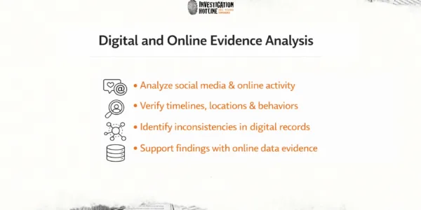 Investigation Hotline infographic describing four digital evidence analysis methods: analyzing social media and online activity, verifying timelines, locations, and behaviors, identifying inconsistencies in digital records, and supporting findings with online data evidence.