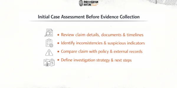 Investigation Hotline infographic listing four steps in initial case assessment: reviewing claim details, documents, and timelines; identifying inconsistencies and suspicious indicators; comparing the claim with policy and external records; and defining the investigation strategy and next steps.