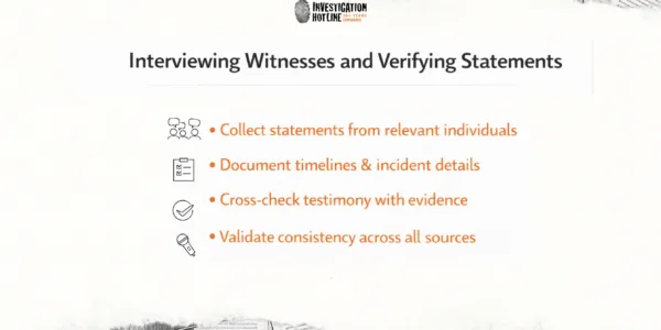 Investigation Hotline infographic showing four steps for interviewing witnesses and verifying statements: collecting statements from relevant individuals, documenting timelines and incident details, cross-checking testimony with evidence, and validating consistency across all sources.