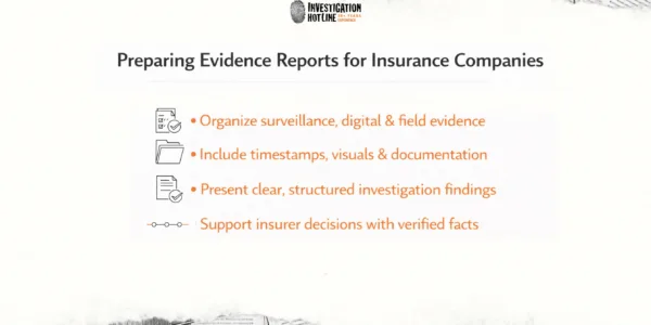 Investigation Hotline infographic explaining four steps for preparing evidence reports for insurance companies: organizing surveillance, digital, and field evidence; including timestamps, visuals, and documentation; presenting clear and structured investigation findings; and supporting insurer decisions with verified facts.