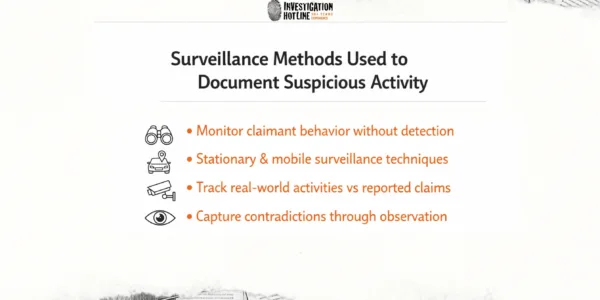 Investigation Hotline infographic outlining four surveillance methods used to document suspicious activity: monitoring claimant behavior without detection, using stationary and mobile surveillance techniques, tracking real-world activities against reported claims, and capturing contradictions through observation.