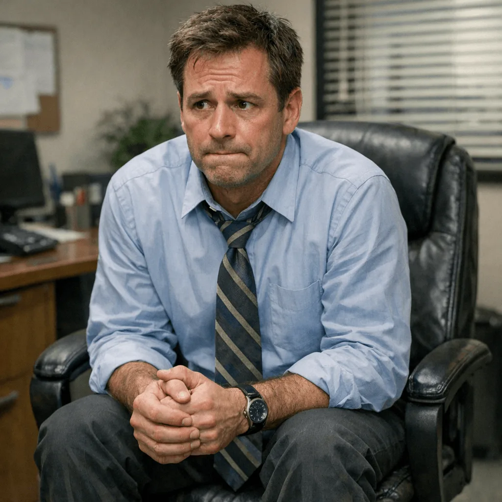 man sitting nervously in a chair in an office.