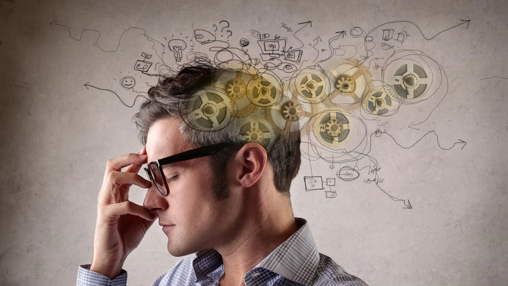 Person in glasses deep in thought with illustrated gears and cognitive processes emerging from their head, symbolizing how intelligent decision-making and mental shortcuts can still be exploited by deception and sophisticated scams