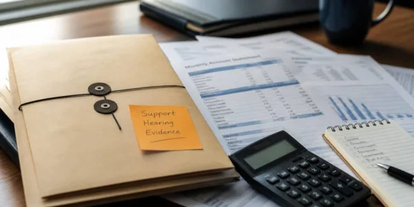 Financial statements and case folder prepared for a support hearing investigation